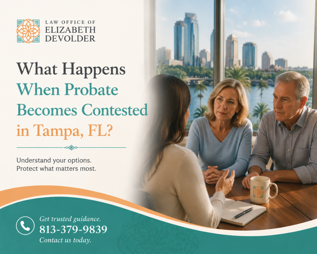 Attorney meeting with clients discussing contested probate matters in Tampa, FL