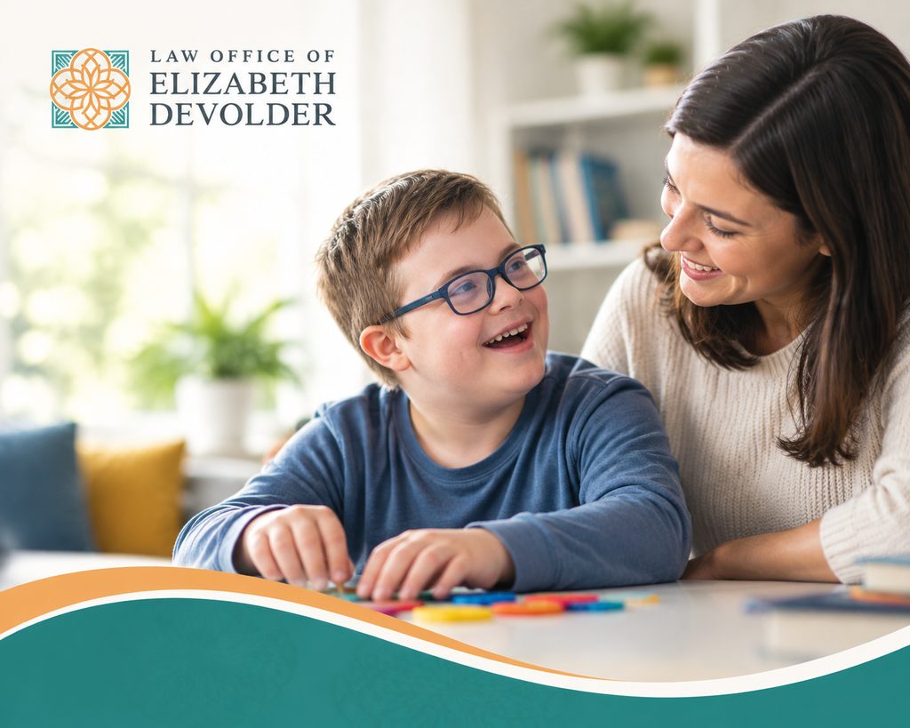 A warm and supportive family-focused image representing special needs trust planning. The image shows a caring adult supporting a child in a comfortable home environment, reflecting compassion, protection, and long-term planning. The Law Office of Elizabeth Devolder branding creates a professional estate planning visual focused on helping Florida families prepare for the future.