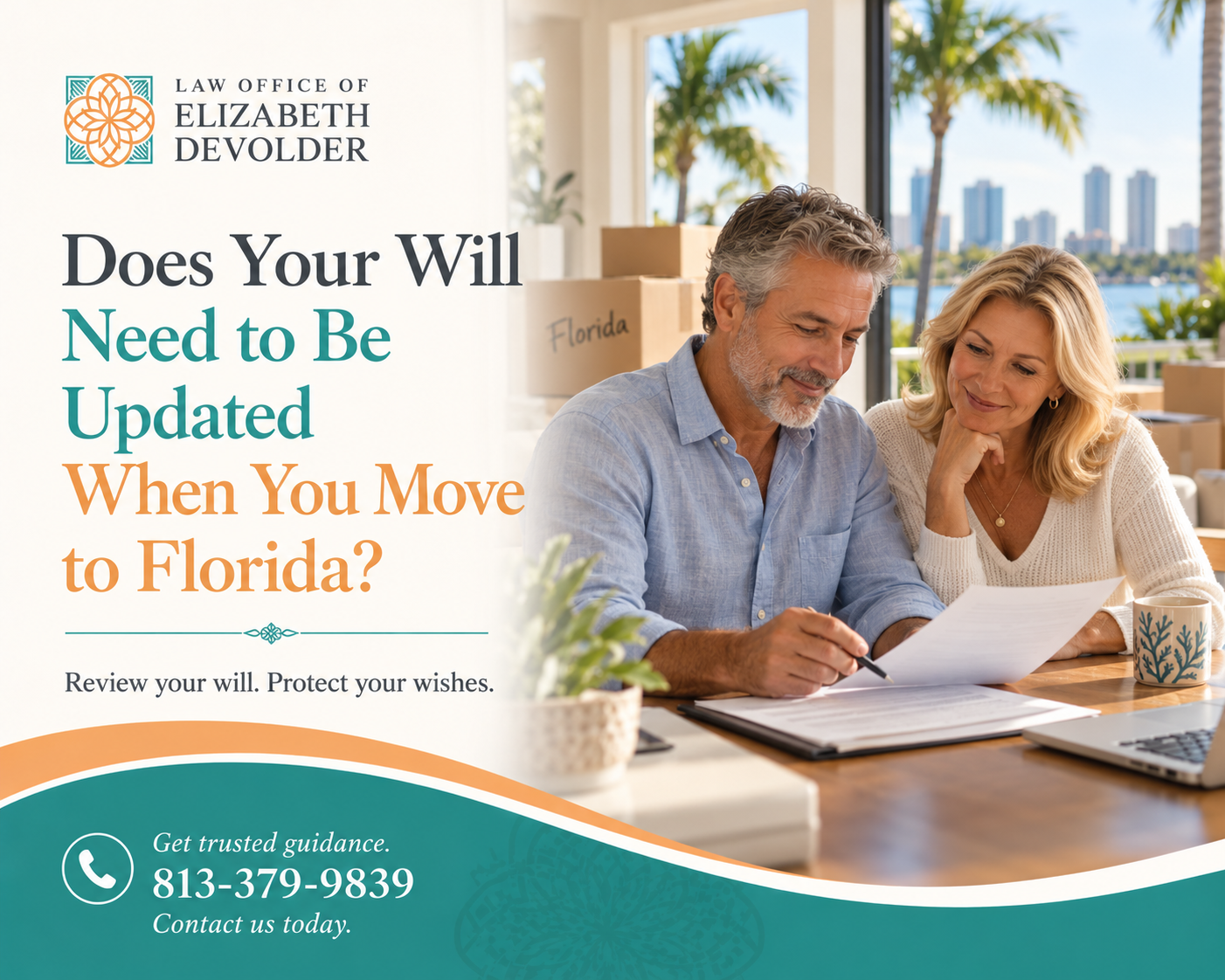 Couple reviewing their will and estate planning documents in their new Florida home after relocating from another state.
